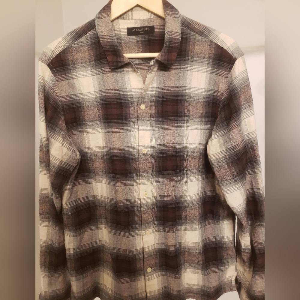 All Saints Men's Checkered Shirt - Brown and White